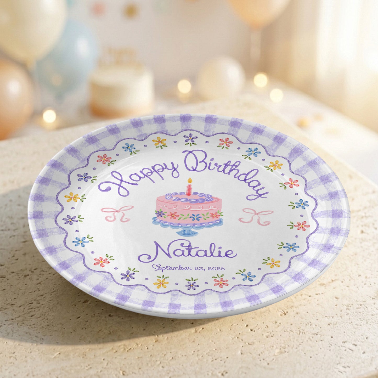 Purple Gingham Floral Birthday Cake Custom Name Keepsake Personalized Birthday Plate Gift P818DTR0