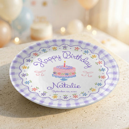 Purple Gingham Floral Birthday Cake Custom Name Keepsake Personalized Birthday Plate Gift P818DTR0