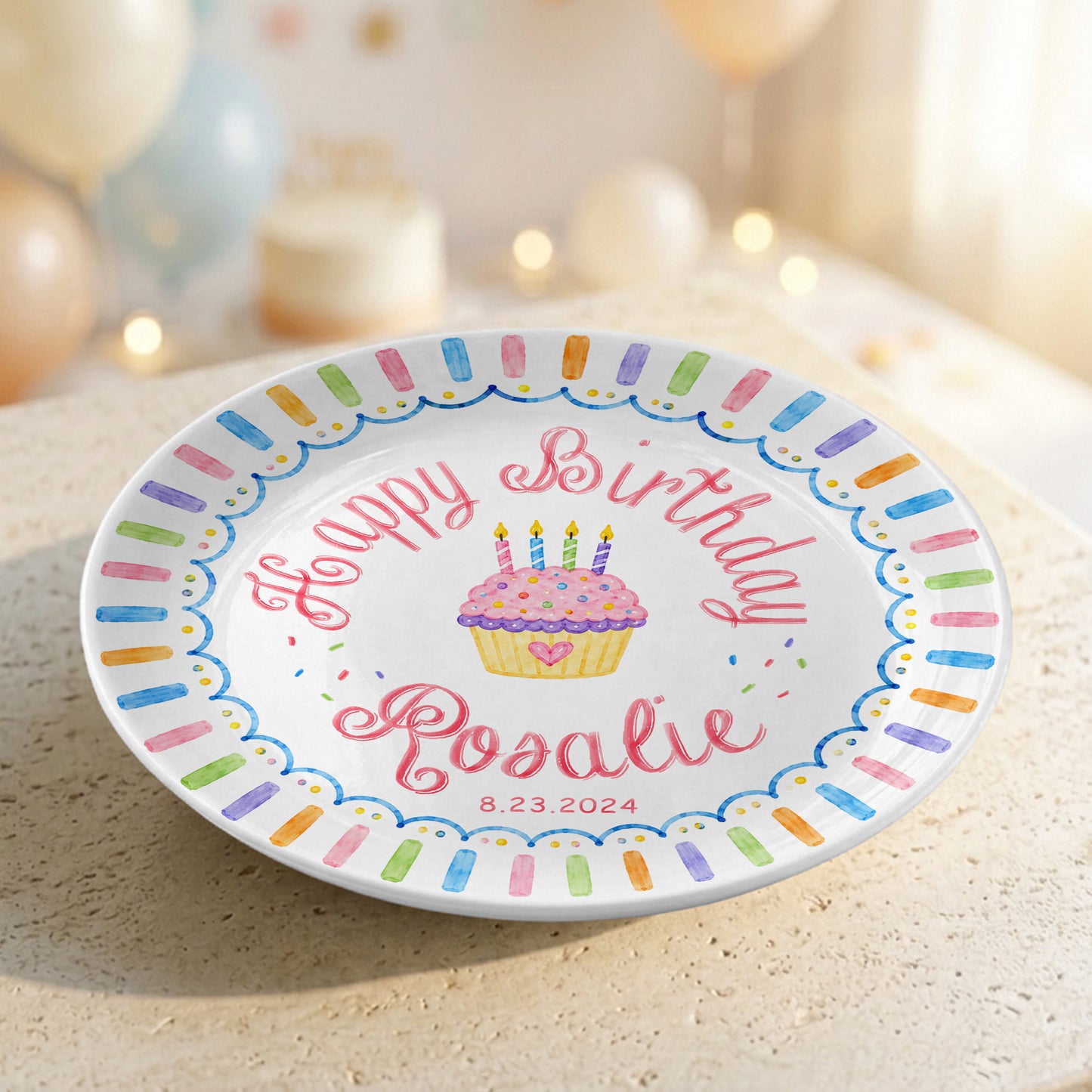 Colorful Cupcake Personalized Birthday Plate for Kids First Birthday Gift P814R8W0