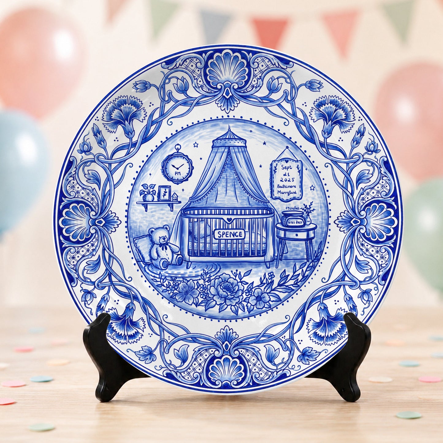 Delft Blue Newborn Birth Stats Custom Name Ceramic Personalized Birthday Plate P820OVX0