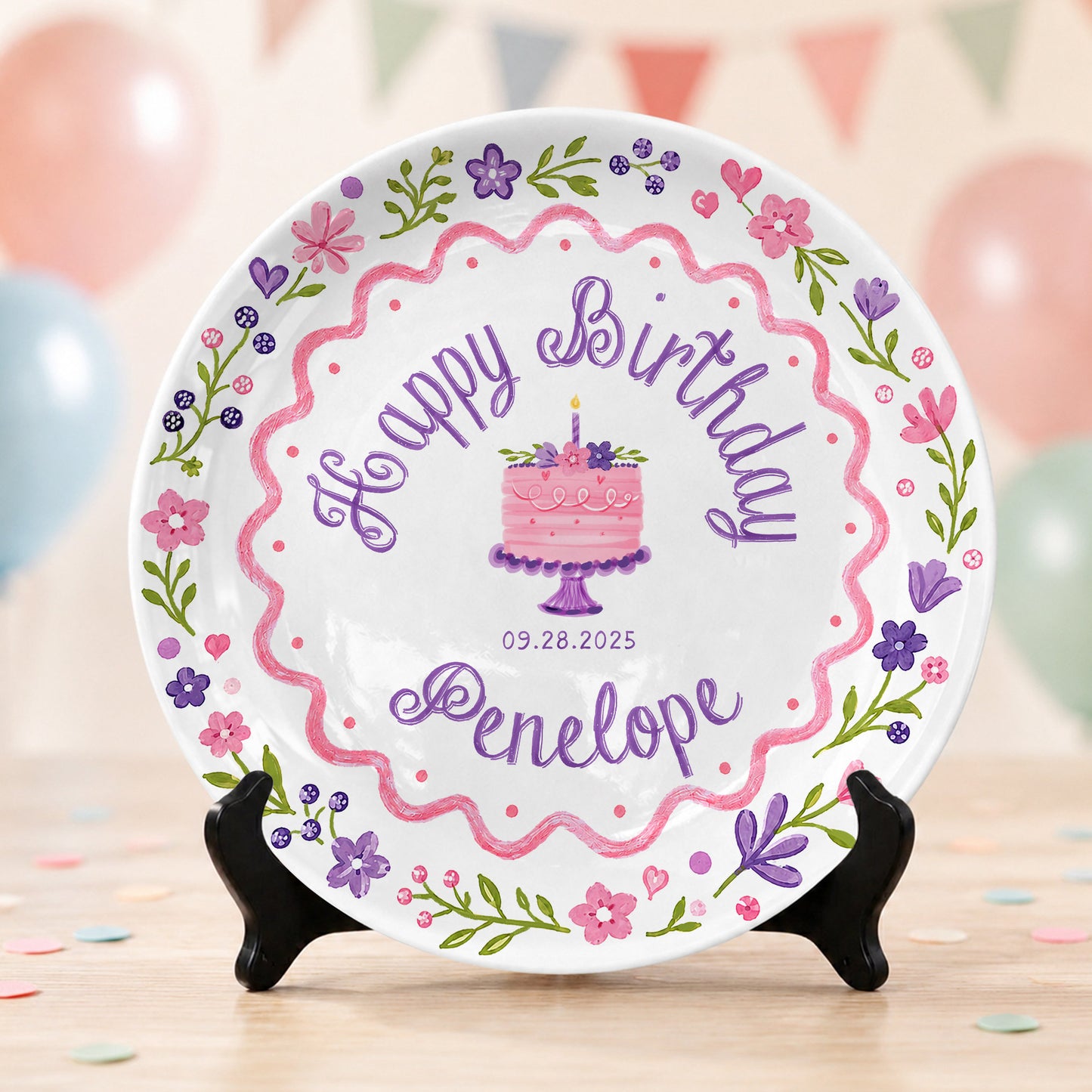 Floral Cake First Birthday Custom Name Keepsake Personalized Birthday Plate P826KAY0