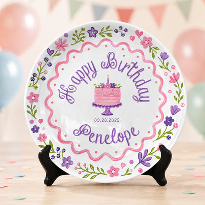 Floral Cake First Birthday Custom Name Keepsake Personalized Birthday Plate P826KAY0