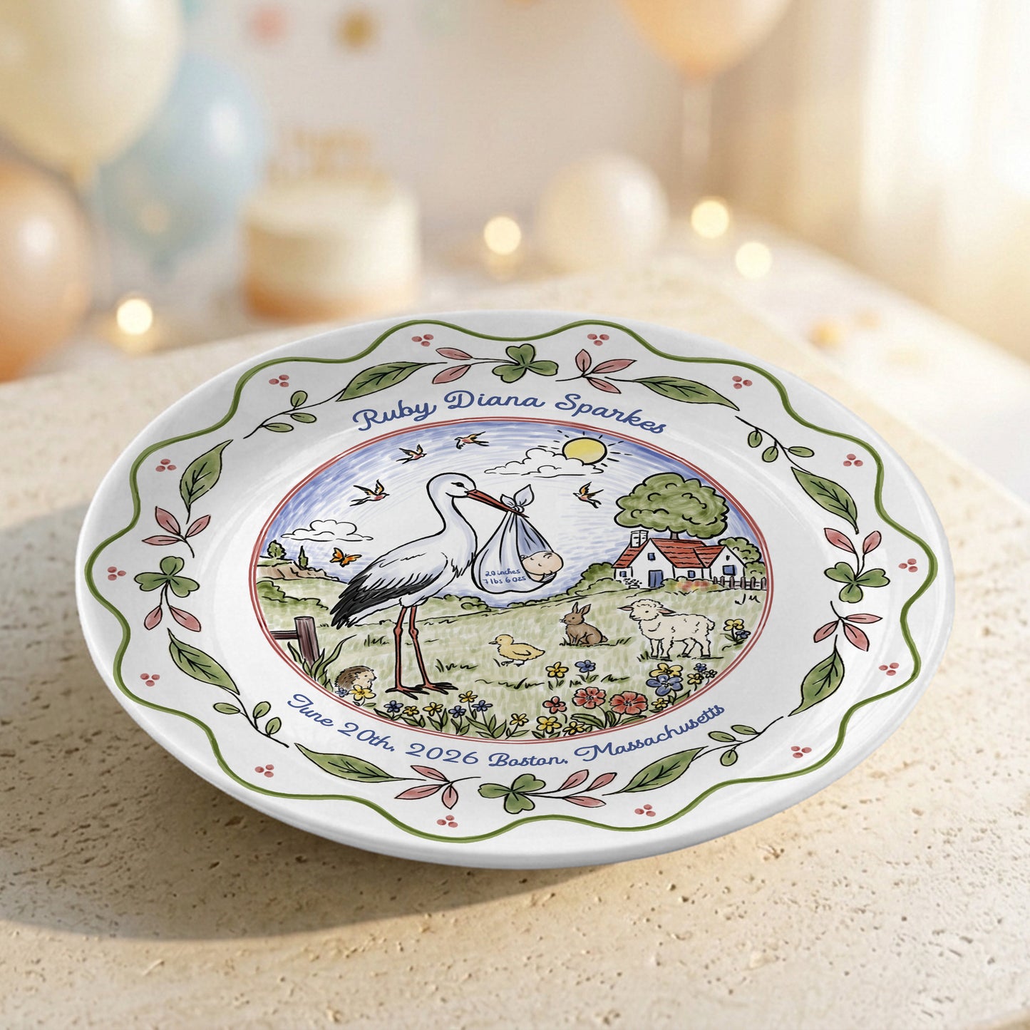 Stork Baby Birth Stats Nursery Keepsake Gift Personalized Birthday Plate P825DLK0
