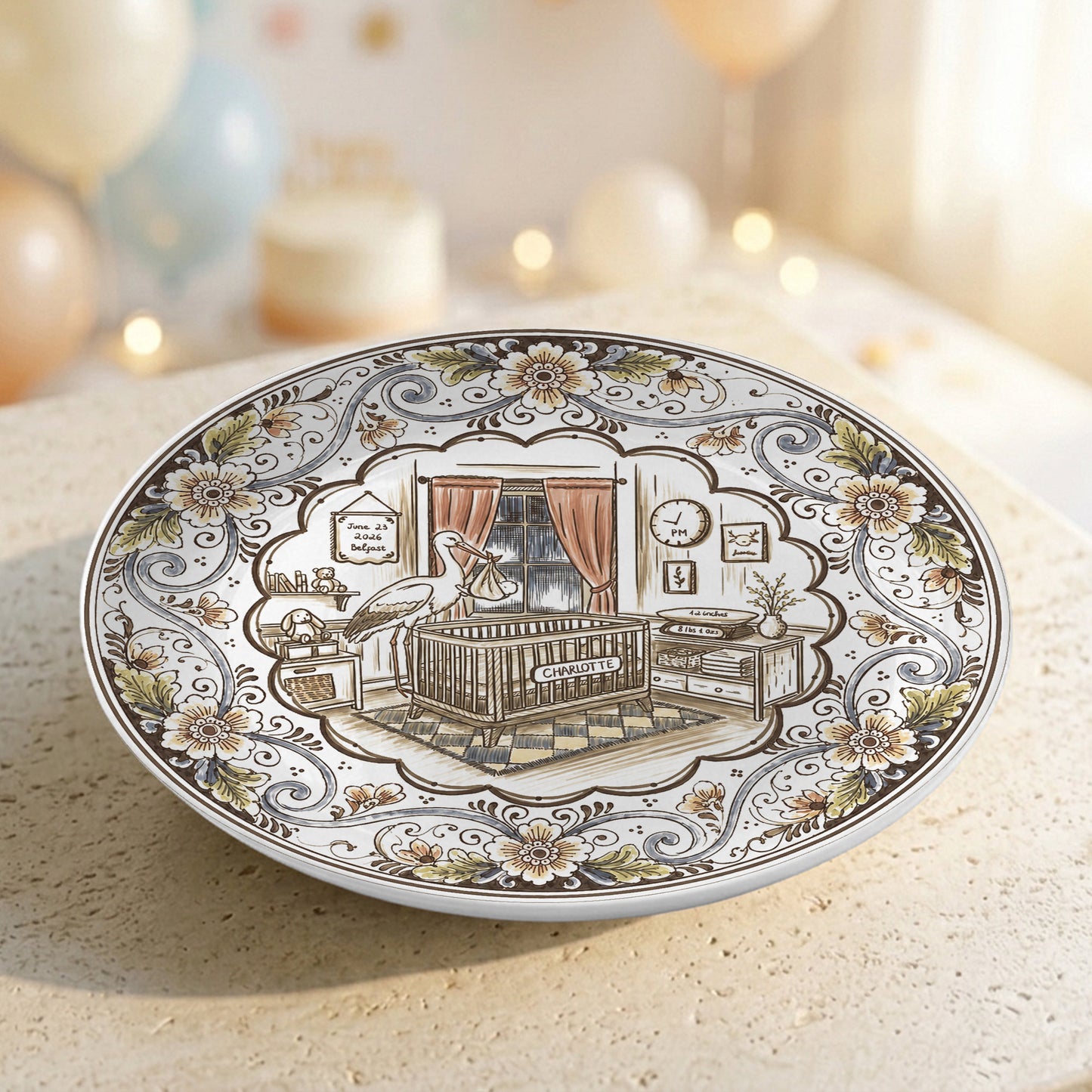 Vintage Floral Newborn Birth Stats Custom Name Ceramic Personalized Birthday Plate P820YFH0