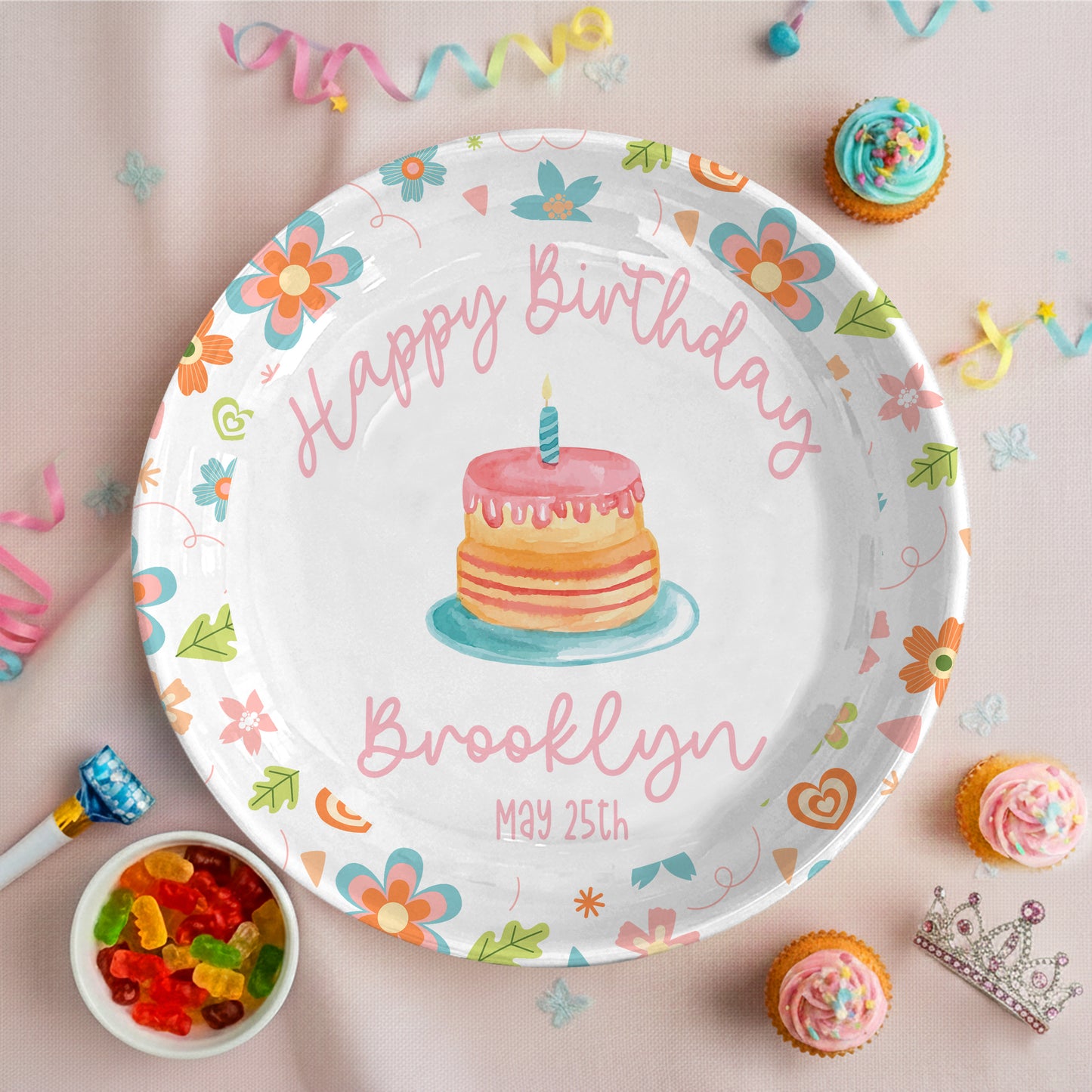 Colorful Floral with Cake Personalized Birthday Plate D92YJX0