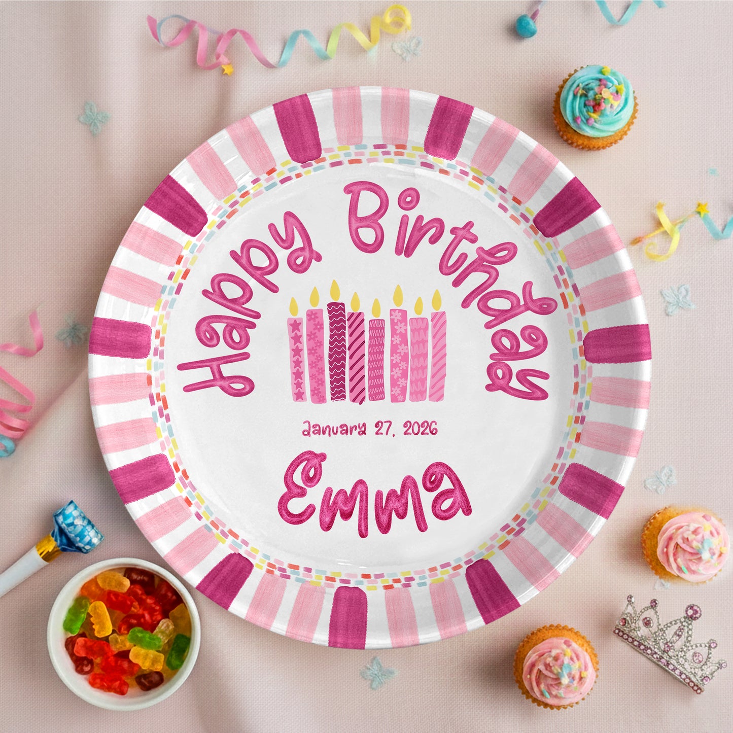 Pink Stripe Candle Personalized Birthday Plate P29F6C0