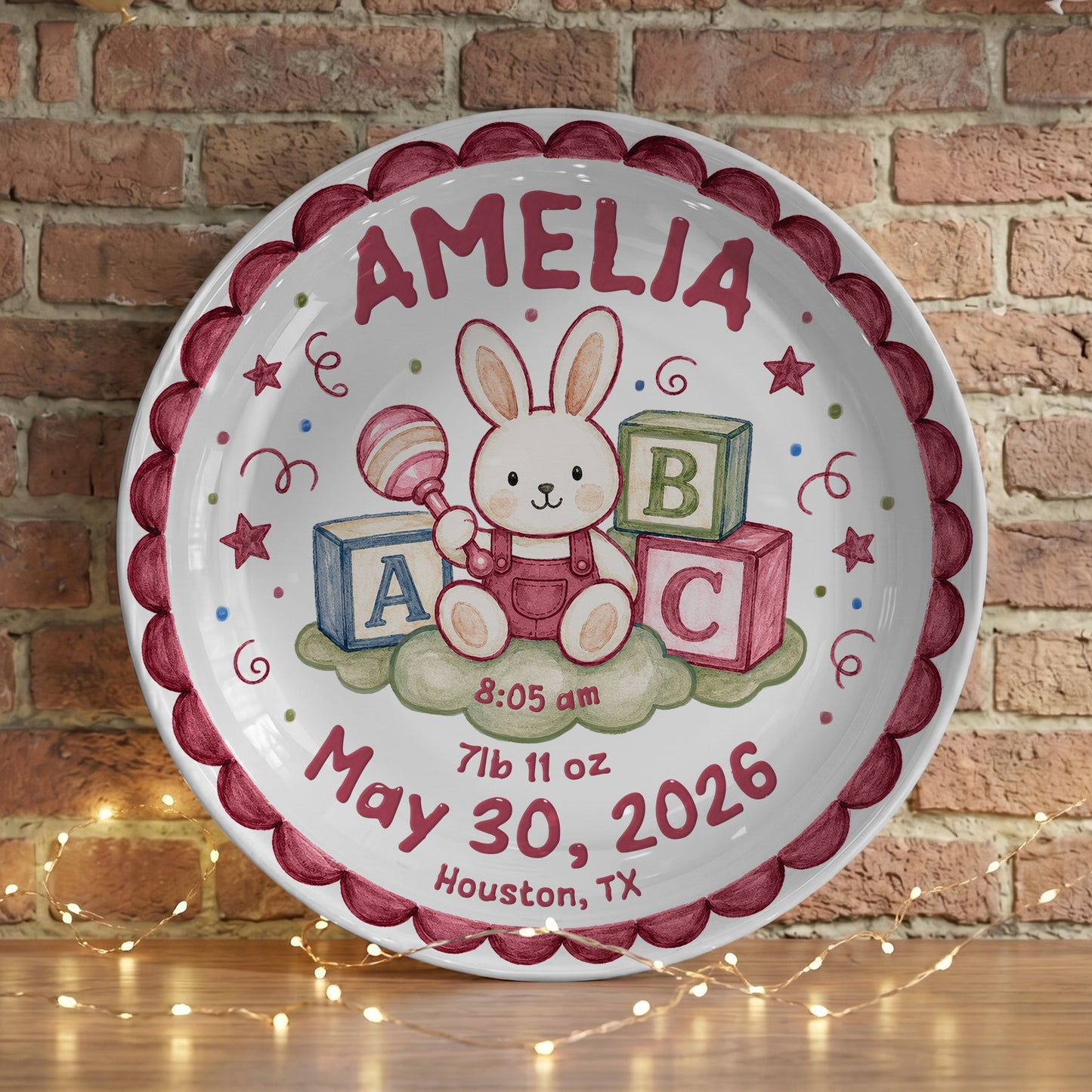Cute Bunny Birth Stats Keepsake Personalized Birthday Plate for Baby P626ZVPTTb