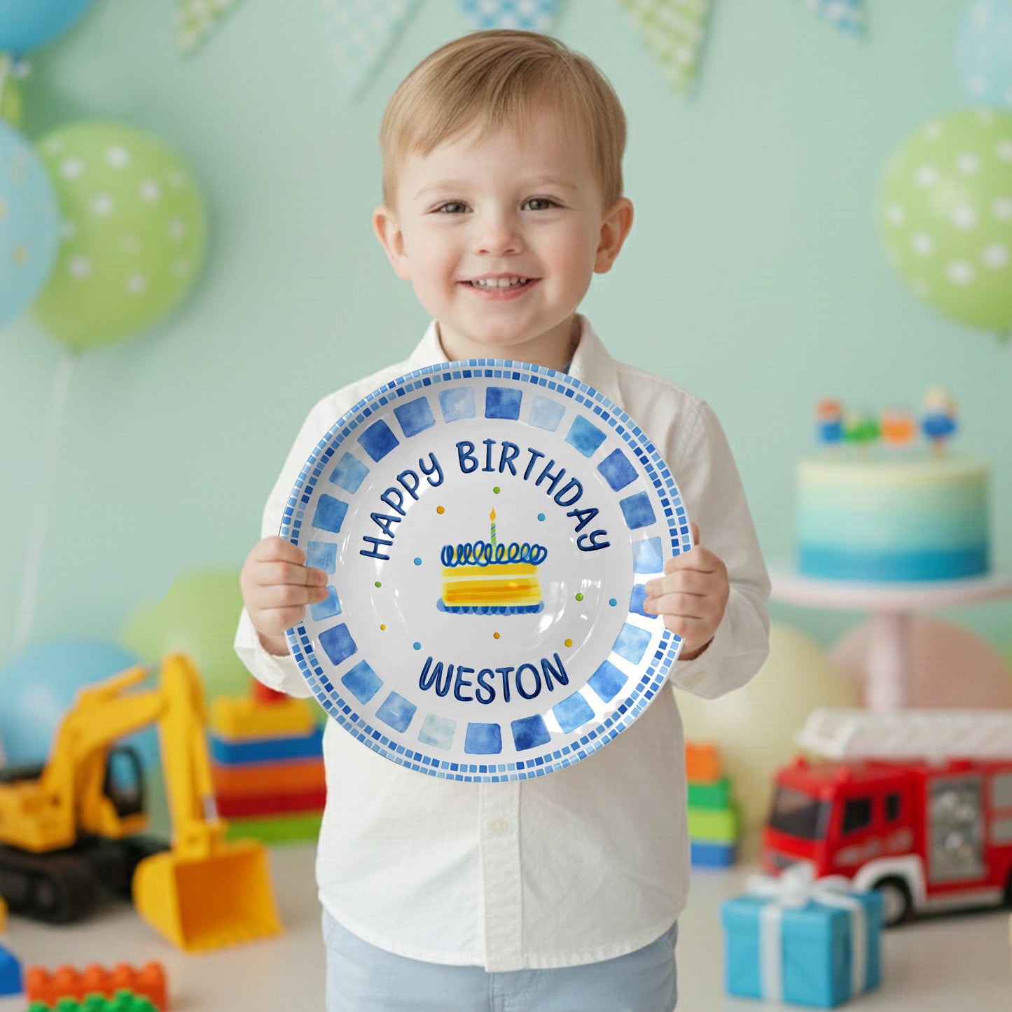 Blue Tile Border Cake Personalized Birthday Plate P228QZD0