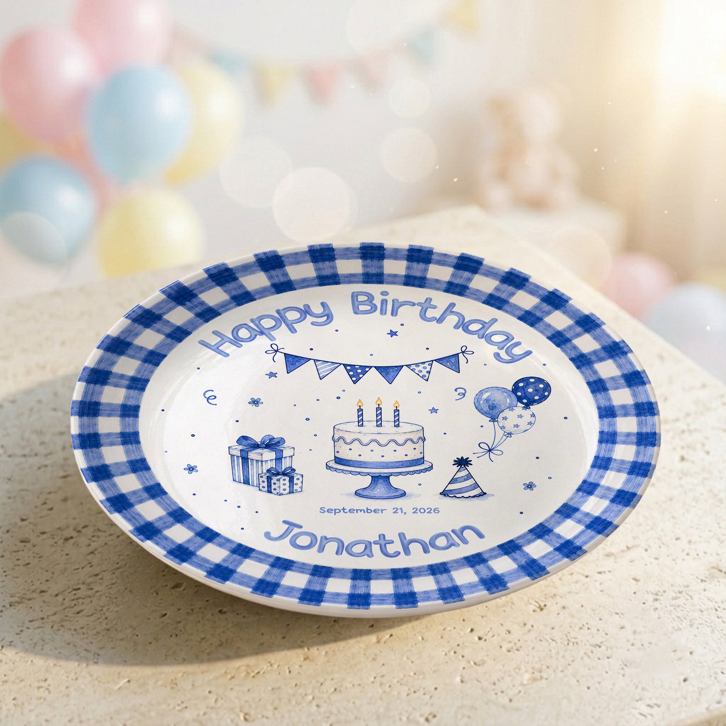 Blue Checkered Personalized Birthday Plate for Kids, Custom Name and Date Ceramic Keepsake P85XBL0
