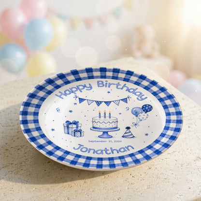 Blue Checkered Personalized Birthday Plate for Kids, Custom Name and Date Ceramic Keepsake P85XBL0