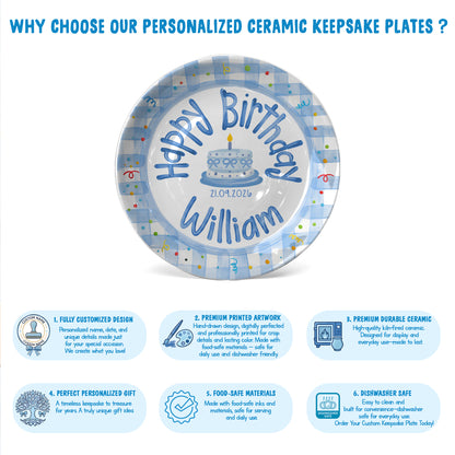 Blue Gingham Personalized Birthday Plate P64YCX0