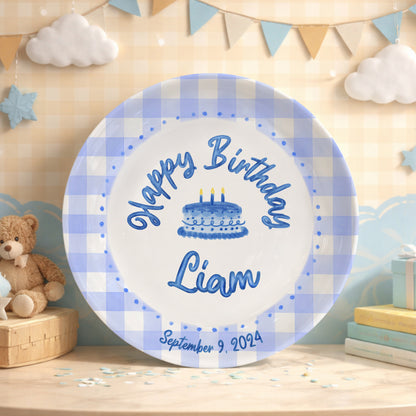Blue Gingham Border with Blue Birthday Cake Personalized Birthday Plate P415SDU0