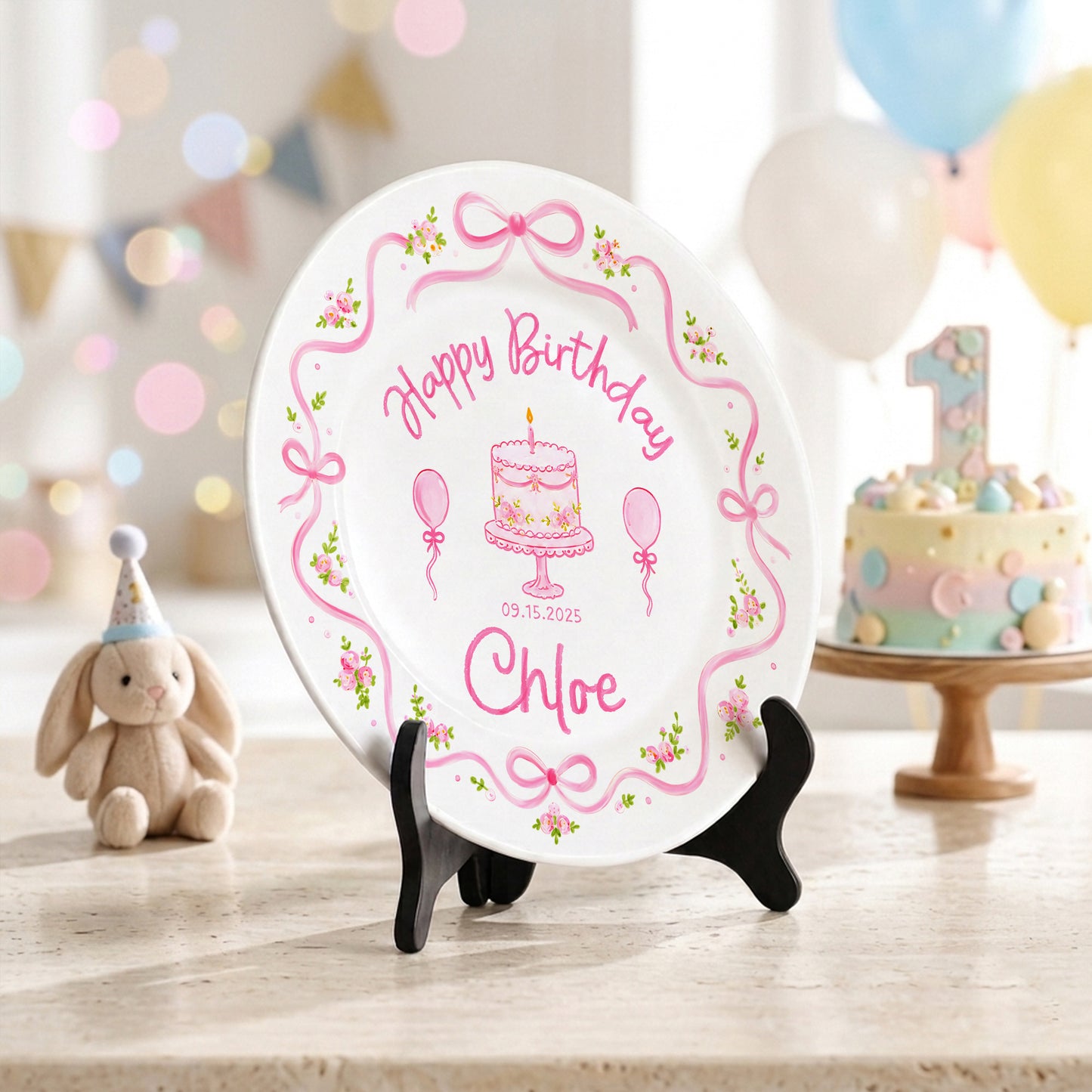 Pink Floral Bow Birthday Cake Custom Name Keepsake Personalized Birthday Plate Gift P813NCL0