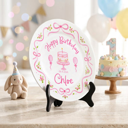 Pink Floral Bow Birthday Cake Custom Name Keepsake Personalized Birthday Plate Gift P813NCL0
