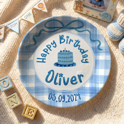 Blue Gingham Bow Personalized Birthday Plate P41V3P0