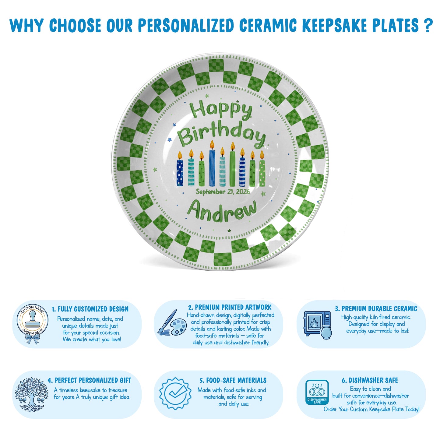 Green Checker Birthday Candles Keepsake Personalized Birthday Plate D78C8H0
