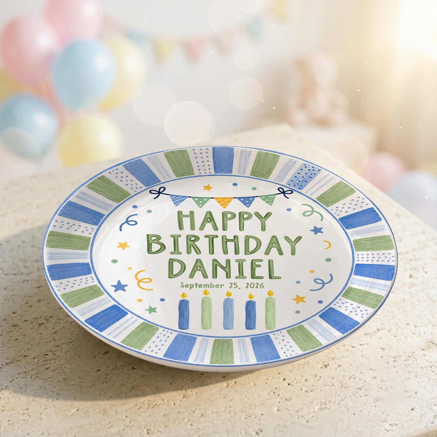 Pastel Candle Celebration Ceramic Keepsake Personalized Birthday Plate for Kids P728CF40