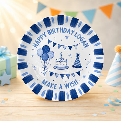 Blue Checkered Birthday Candles Personalized Birthday Plate D779CS0