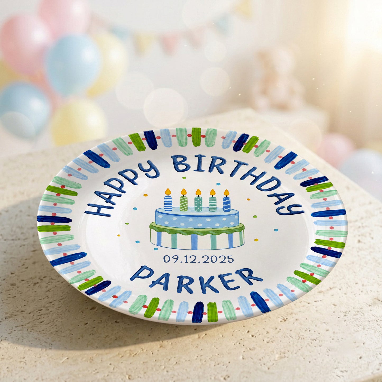 Blue Stripe Birthday Cake Personalized Birthday Plate P728HNA0