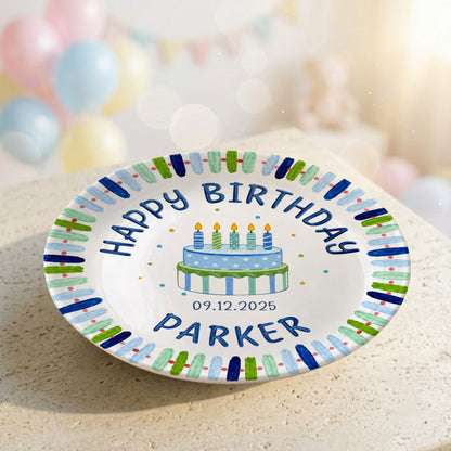 Blue Stripe Birthday Cake Personalized Birthday Plate P728HNA0