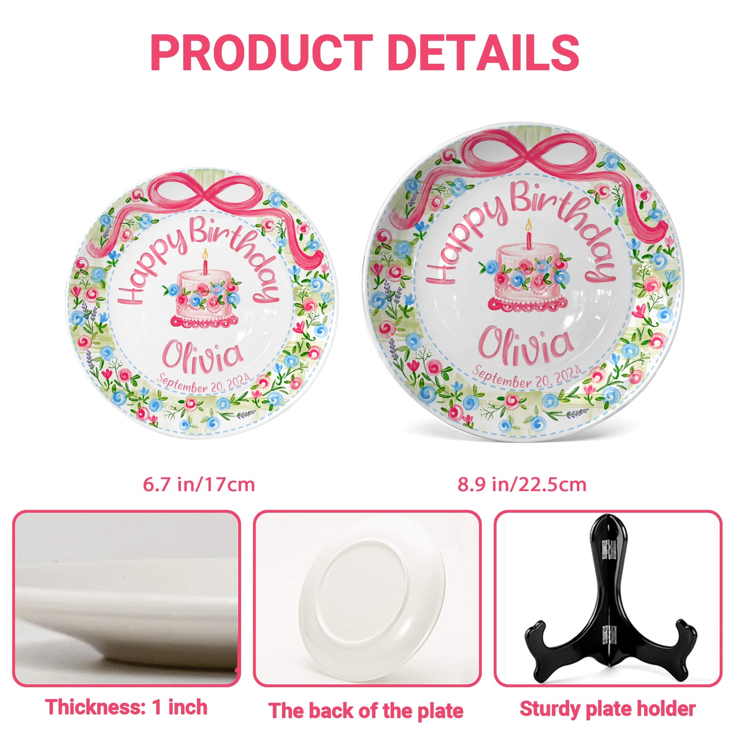 Pink Bow Floral Cake Personalized Birthday Plate P64HKN0