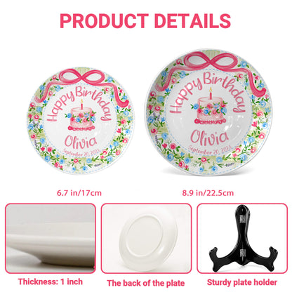 Pink Bow Floral Cake Personalized Birthday Plate P64HKN0