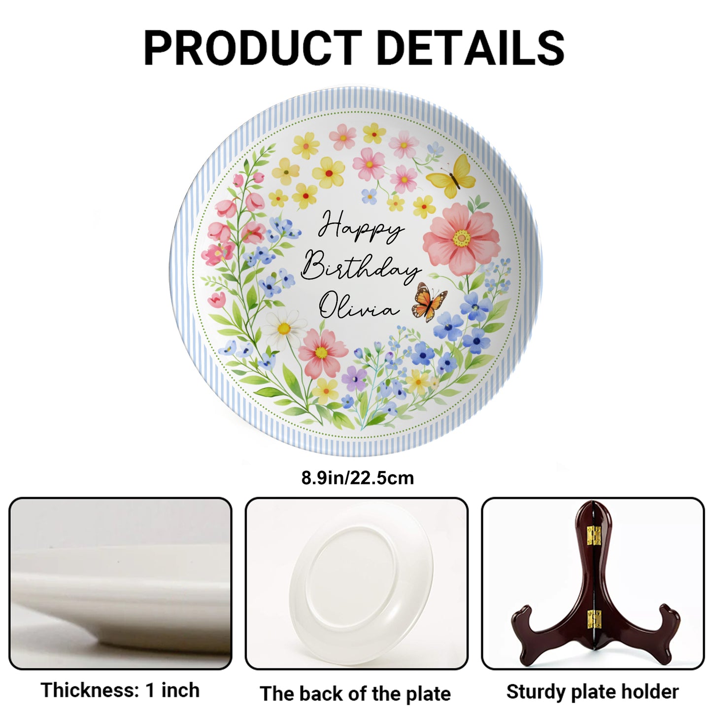 Blue Stripe Wildflower Personalized Birthday Plate P226BYE0