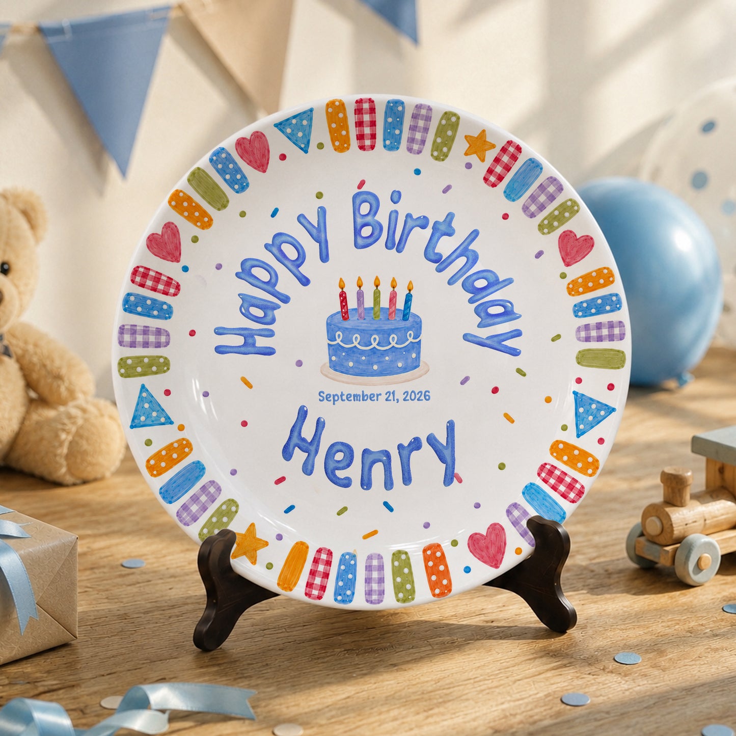 Blue Cake and Colorful Confetti Personalized Birthday Plate P6174GK0