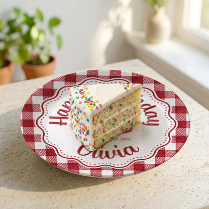 Red Gingham Birthday Cake Keepsake Personalized Birthday Plate P718CMU0