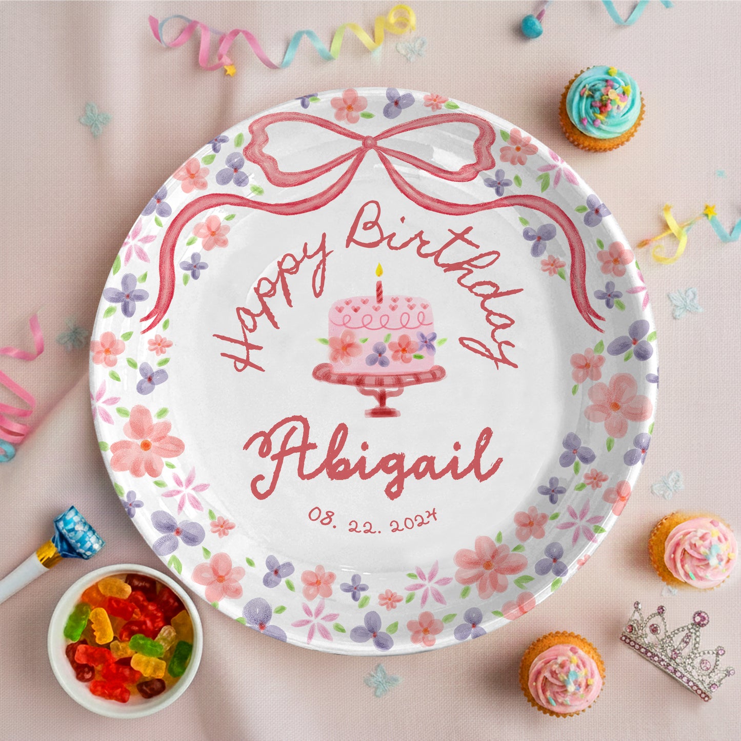 Rose Pink Bow with Floral Border Personalized Birthday Plate P123QQD0