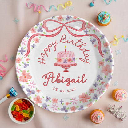 Rose Pink Bow with Floral Border Personalized Birthday Plate P123QQD0