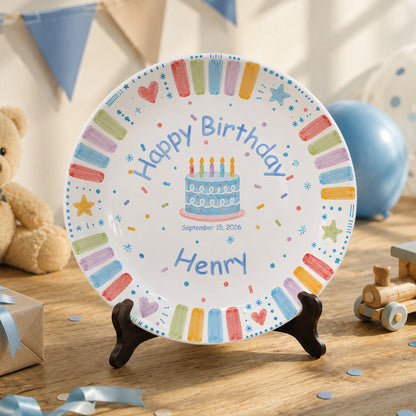 Blue Cake and Colorful Border Cake Personalized Birthday Plate P611K5R0