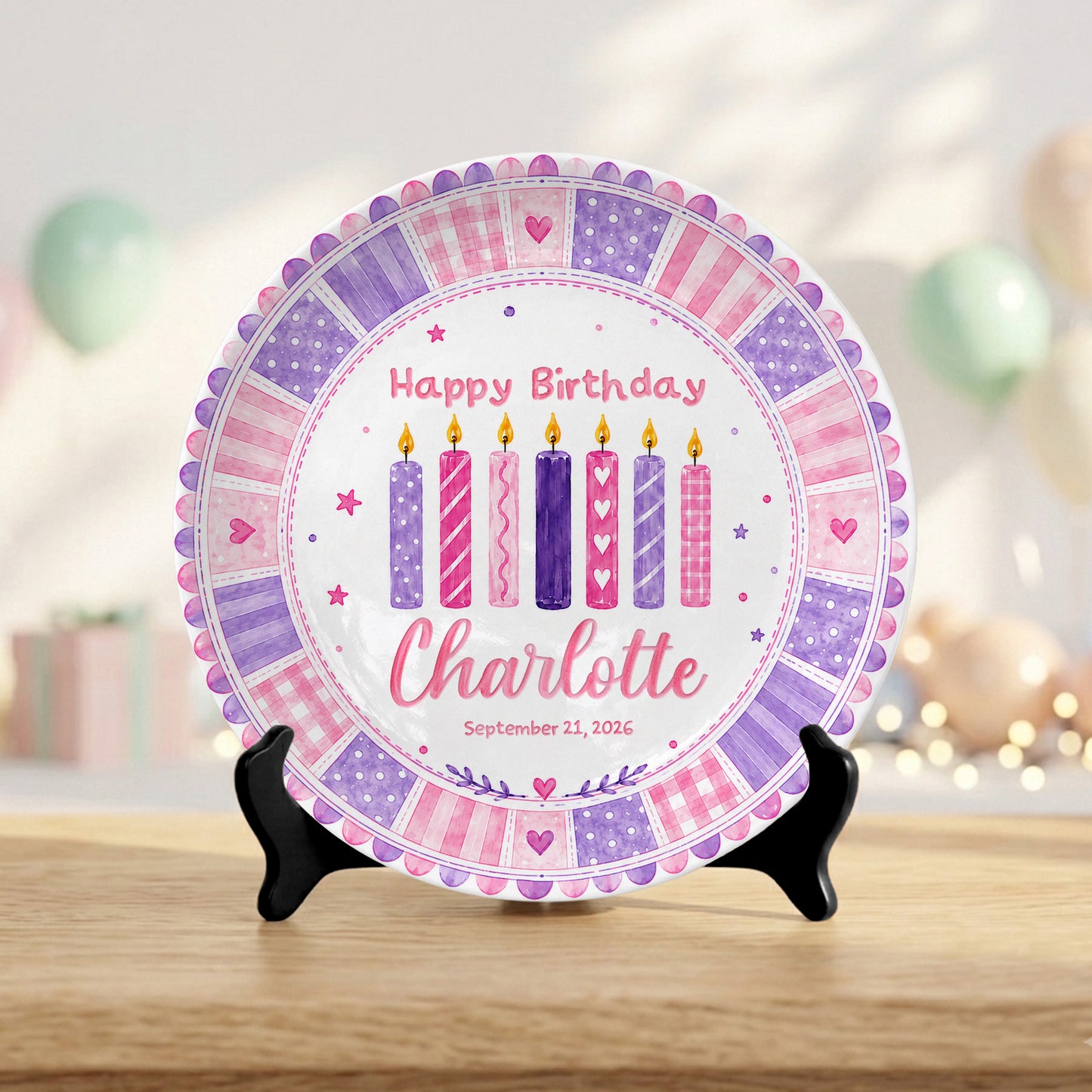 Pink Purple Candle Girl First Birthday Keepsake Personalized Birthday Plate P815CM10