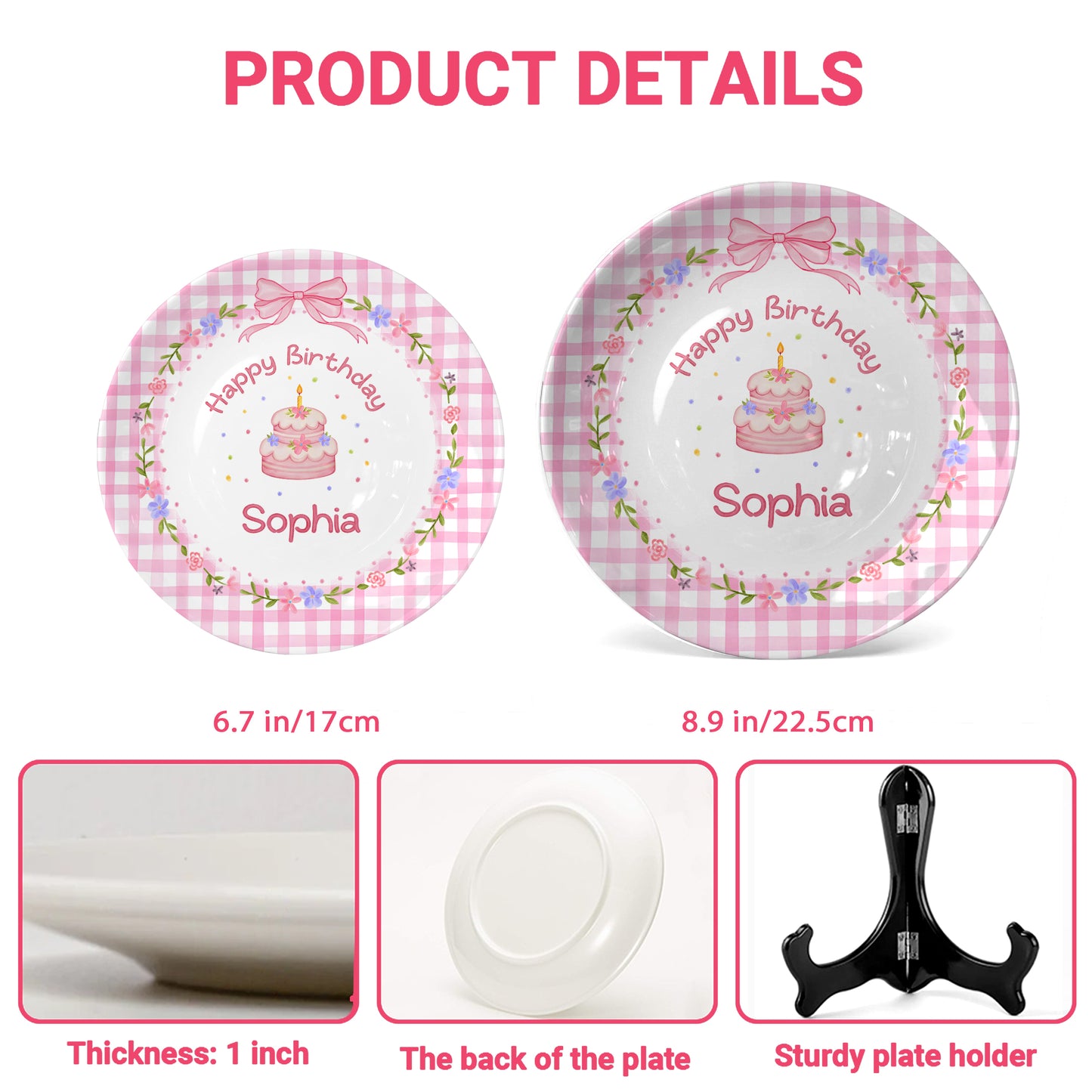 Pink Gingham Floral Personalized Birthday Plate P61O7V0