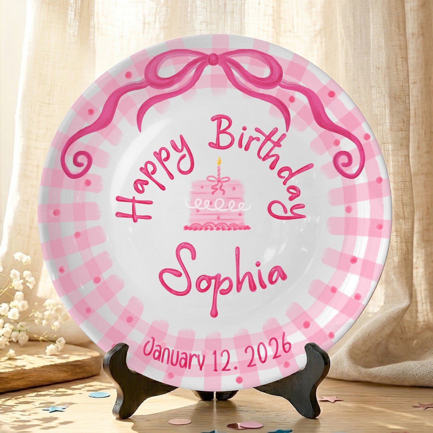 Pink Bow and Pink Gingham Birthday Cake Personalized Birthday Plate P5220BP0