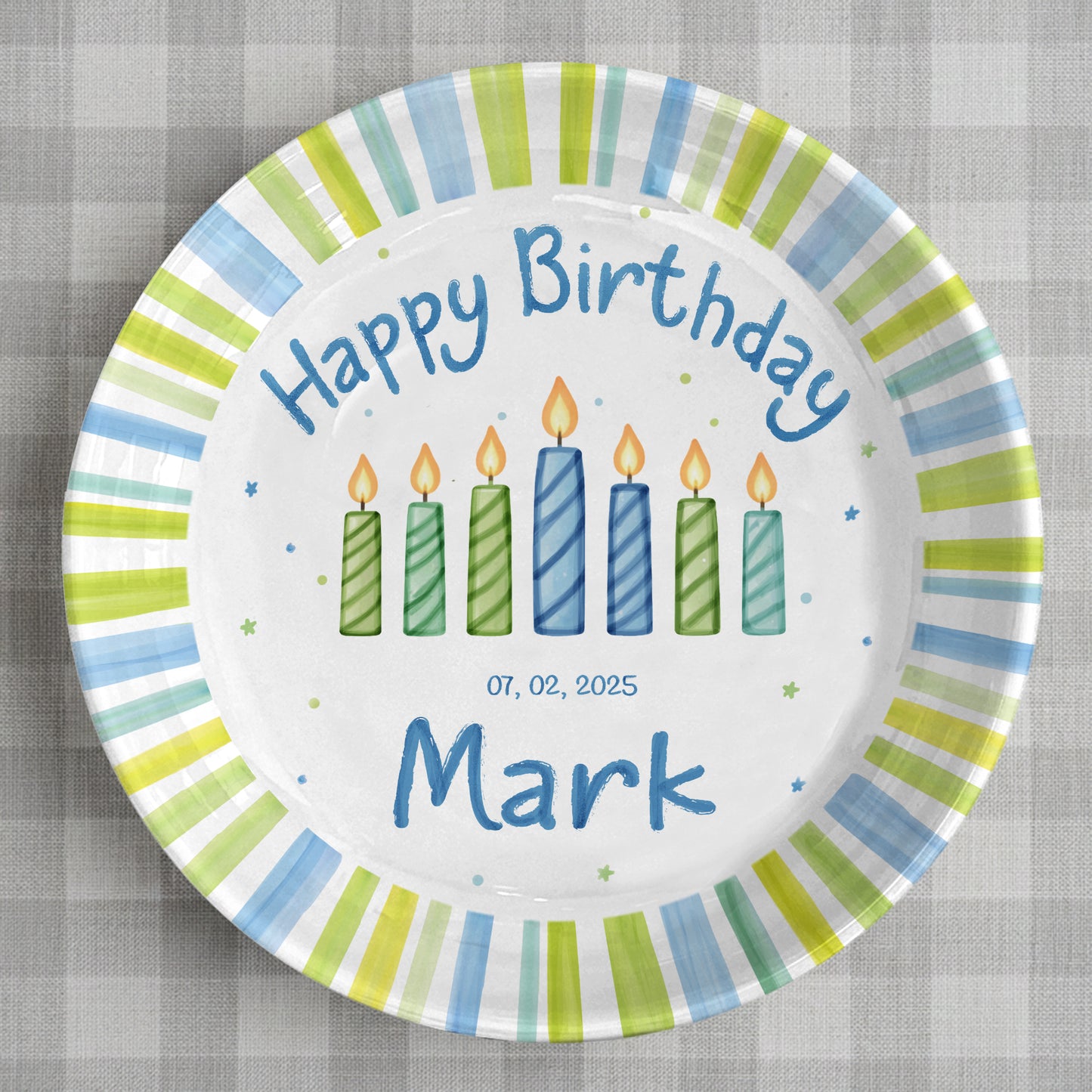 Blue Green Stripe Candle Personalized Birthday Plate for Kids D321PXW0