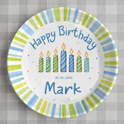 Blue Green Stripe Candle Personalized Birthday Plate for Kids D321PXW0