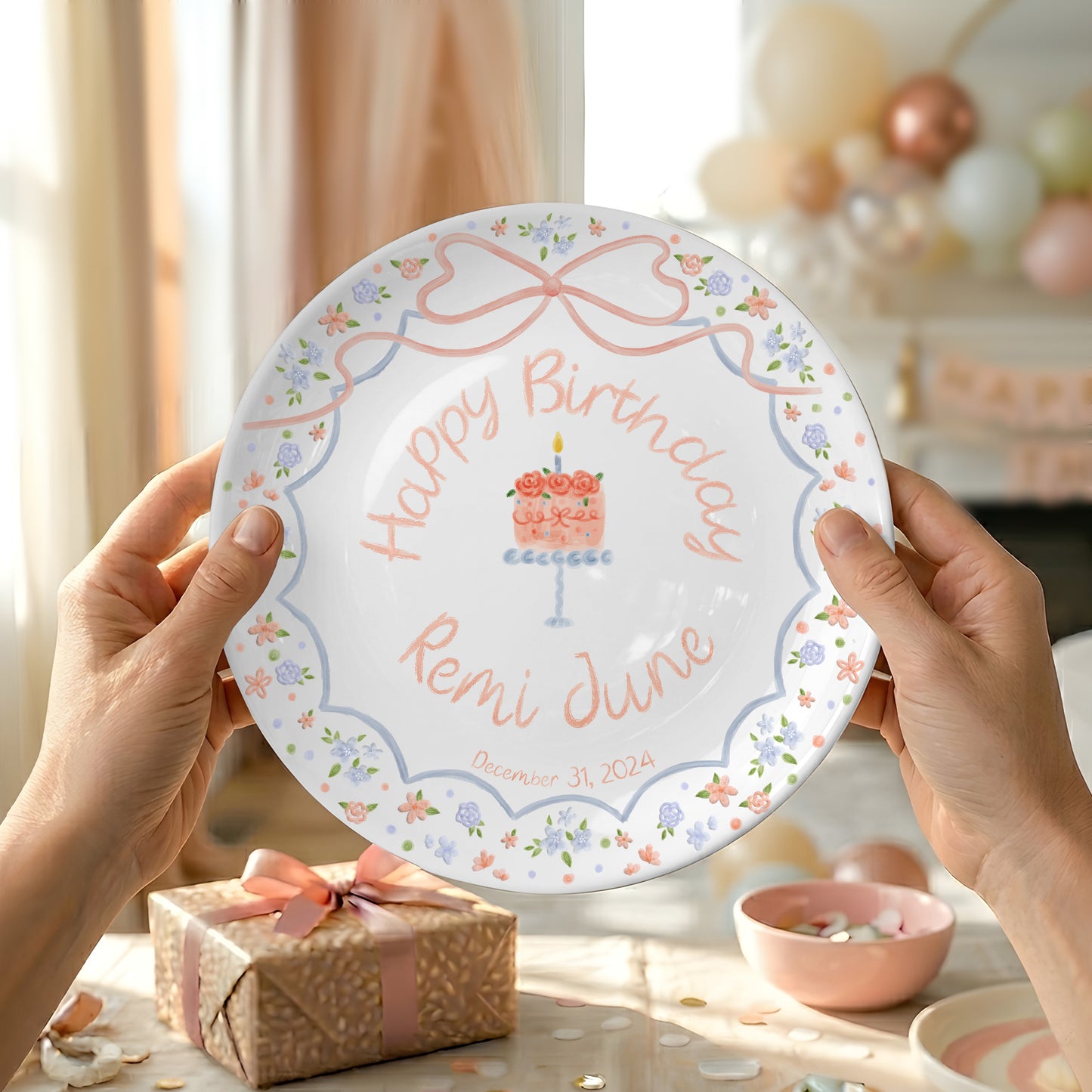 Pastel Floral Bow Cake Personalized Birthday Plate P46E040