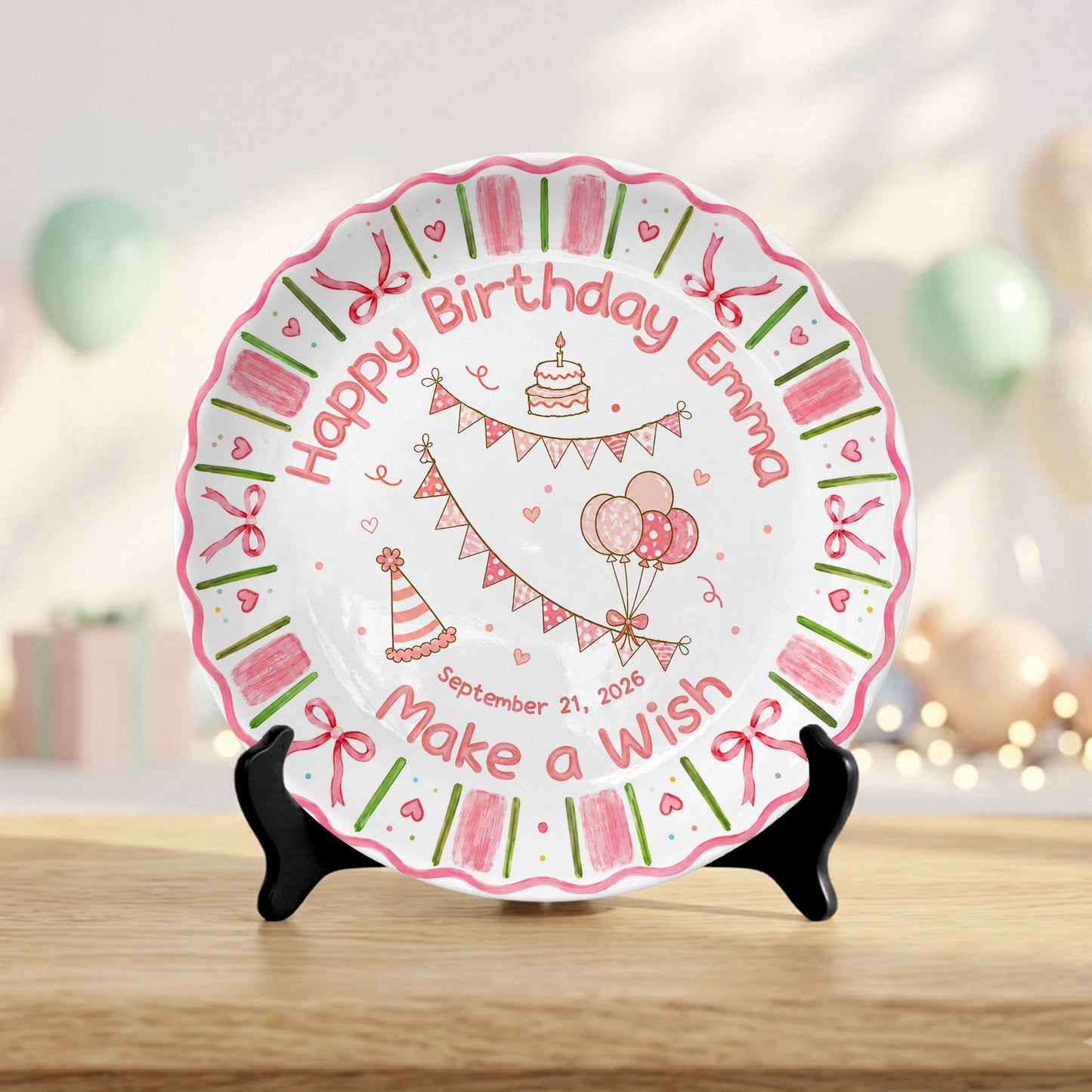 Pink Floral Girl Cake Balloon Make Wish Personalized Birthday Plate P810UCS0