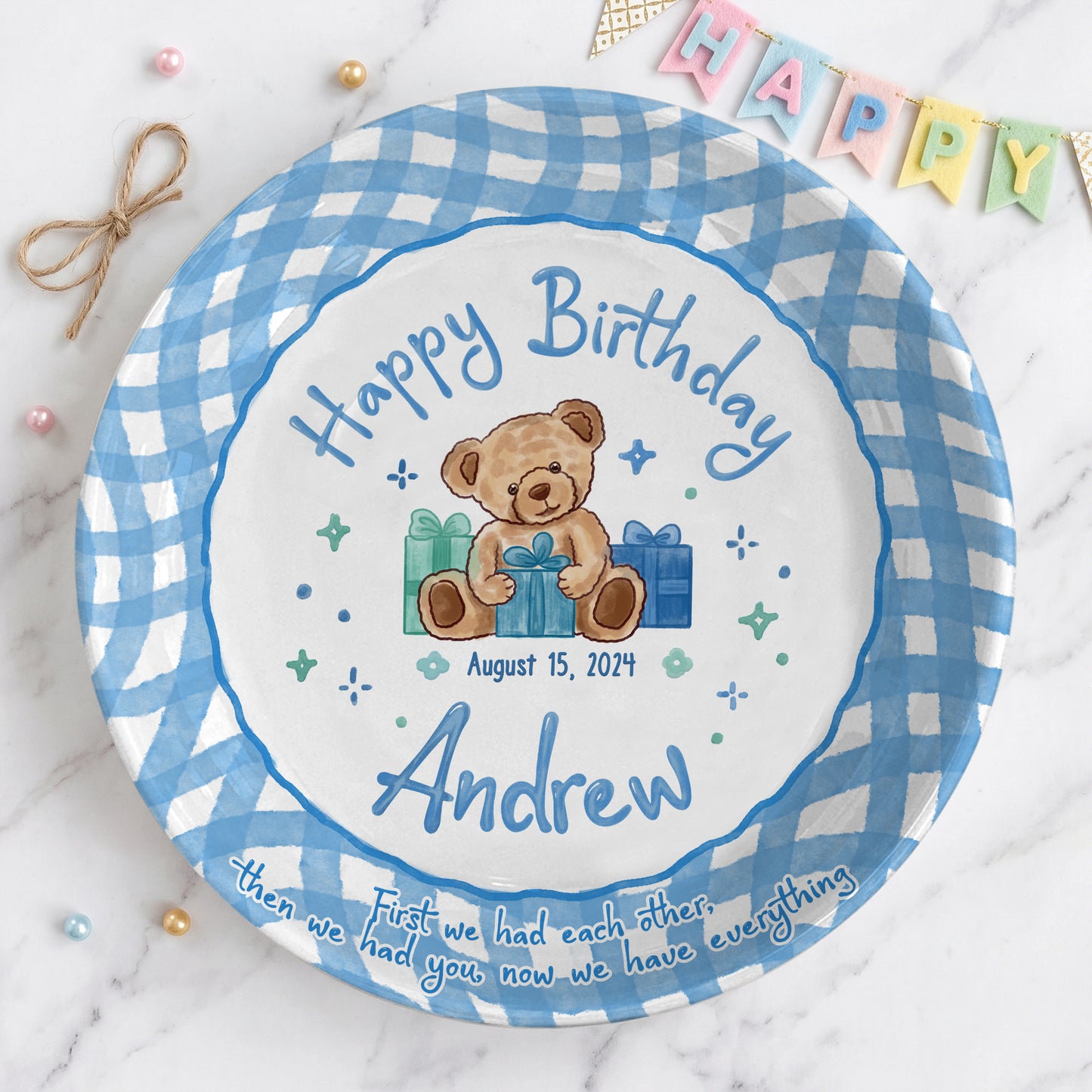 Blue Teddy Bear Birthday Keepsake Personalized Birthday Plate for Baby Boy P625FJ00