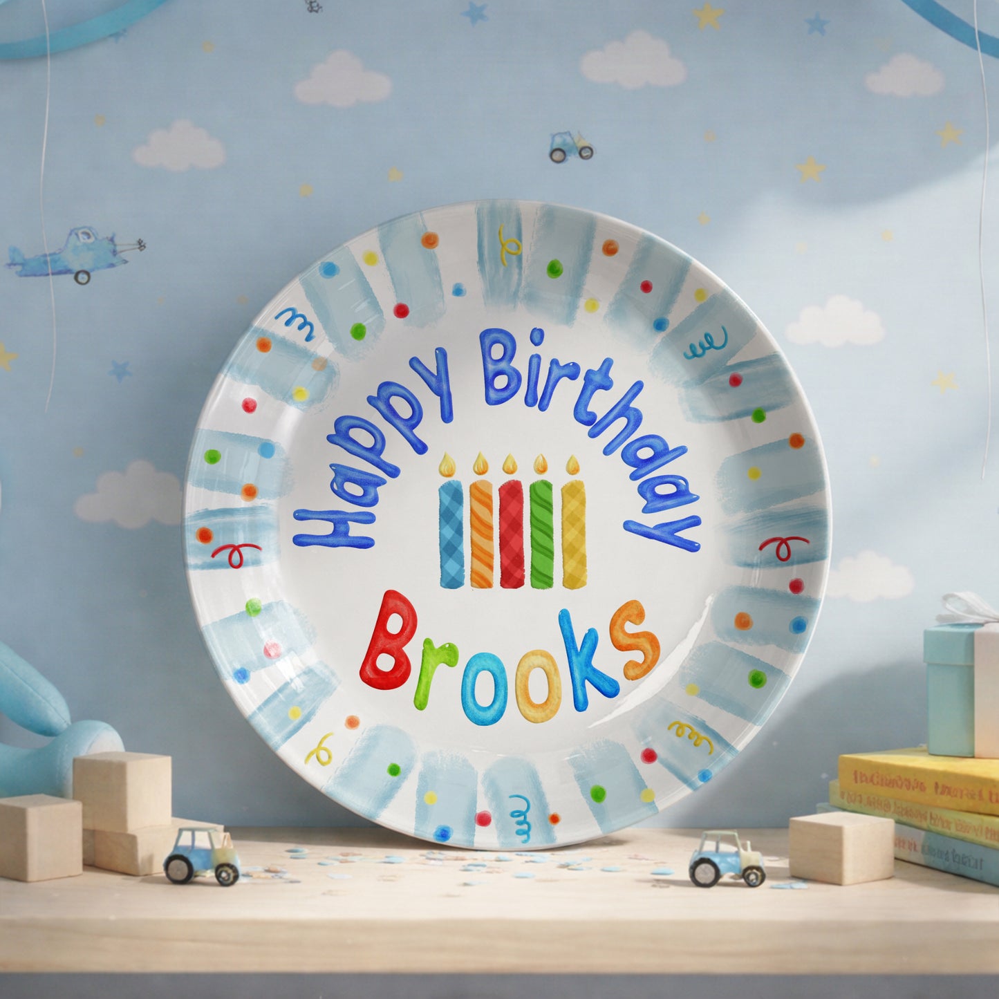 Colorful Candles with Blue Confetti Border Personalized Birthday Plate P23GWI0