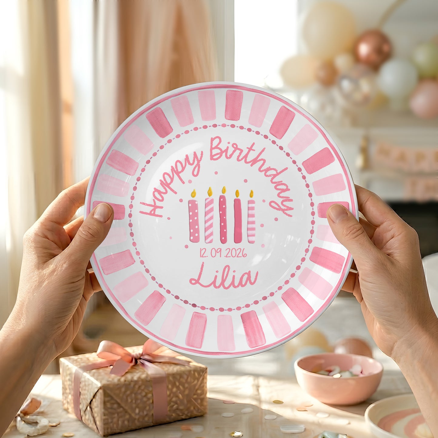Pink Striped Border with Pink Birthday Candles Personalized Birthday Plate P481HC0