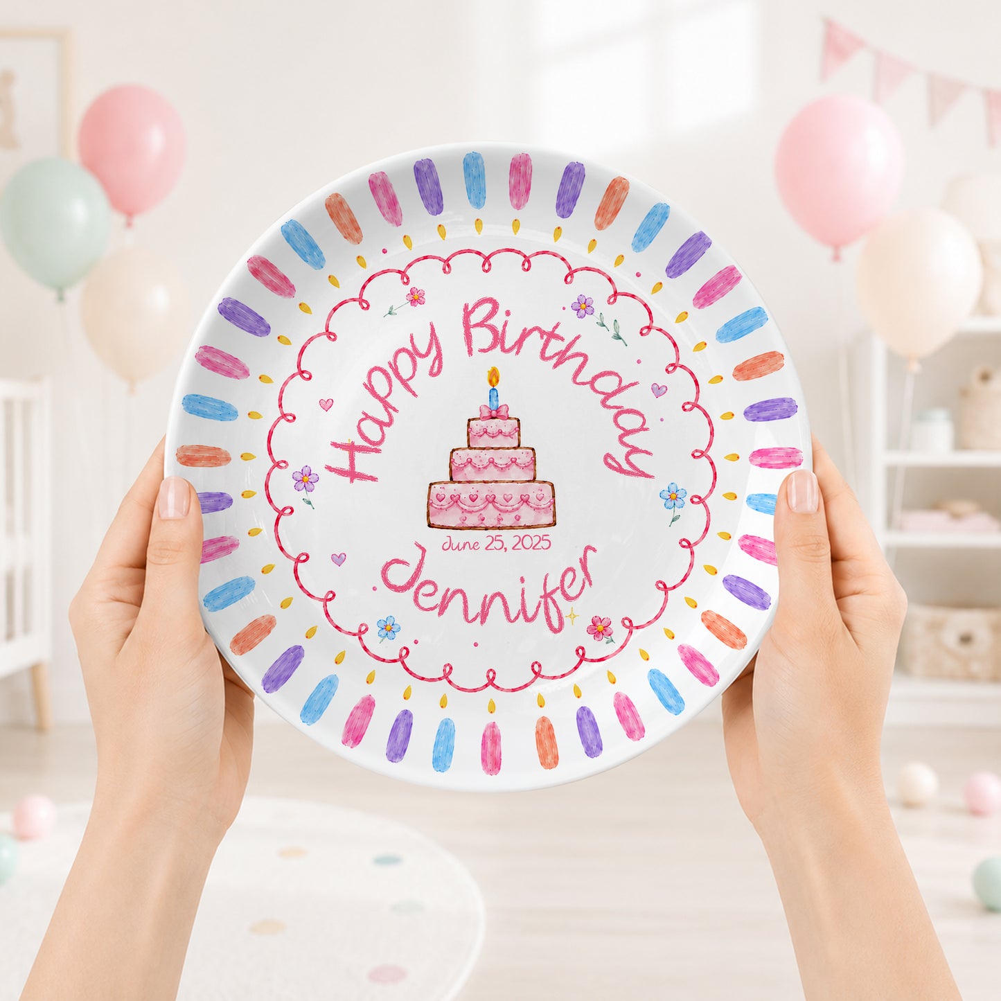 Colorful Candle Border with Tiered Birthday Cake Personalized Birthday Plate D69OJI0