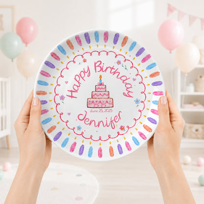 Colorful Candle Border with Tiered Birthday Cake Personalized Birthday Plate D69OJI0
