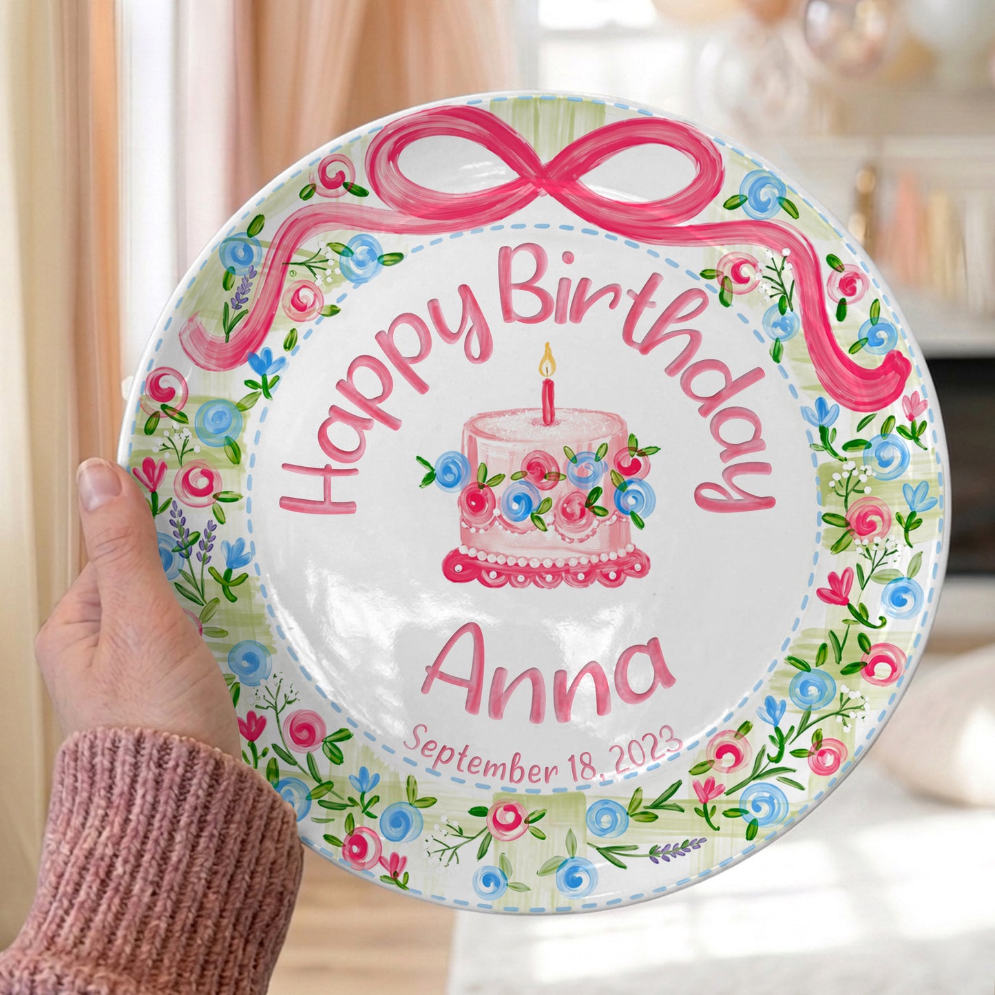 Floral Wreath with Pink Bow Personalized Birthday Plate P410DXJ0