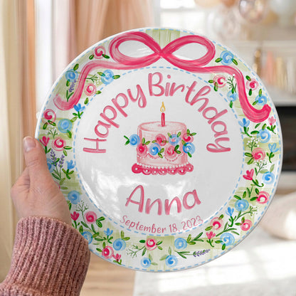 Floral Wreath with Pink Bow Personalized Birthday Plate P410DXJ0