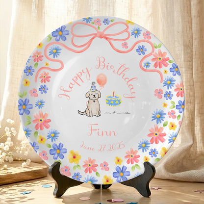 Pink Bow with Pastel Floral Border and Birthday Puppy Personalized Birthday Plate P522HZQ0