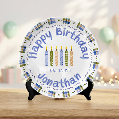 Blue Plaid Boys Custom Name First Birthday Personalized Birthday Plate P8245JH0