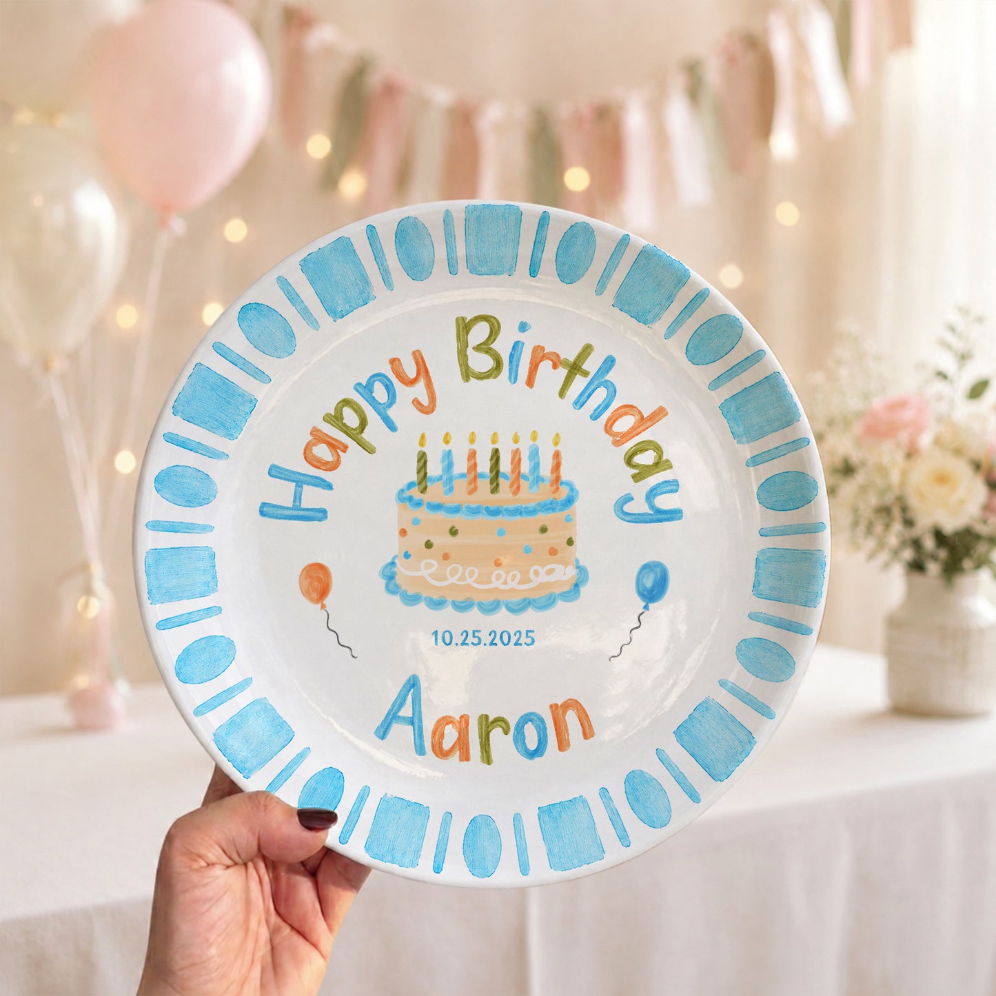 Blue Checkerboard Candle Custom Name Keepsake Personalized Birthday Plate P826TTU0
