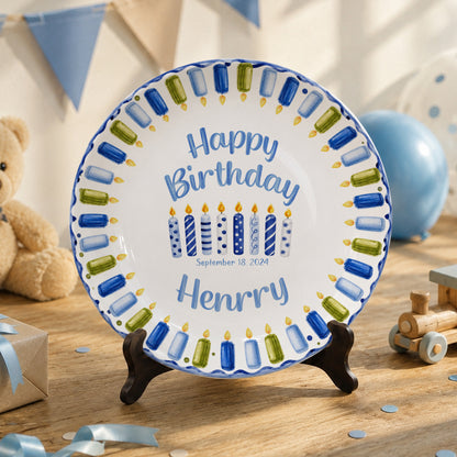 Blue Green Candle Border Personalized Birthday Plate P528HJP0